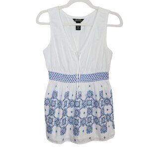 Eddie Bauer Sz Med Sleeveless Peplum Blouse White Blue Cotton Dutch Chinoiserie